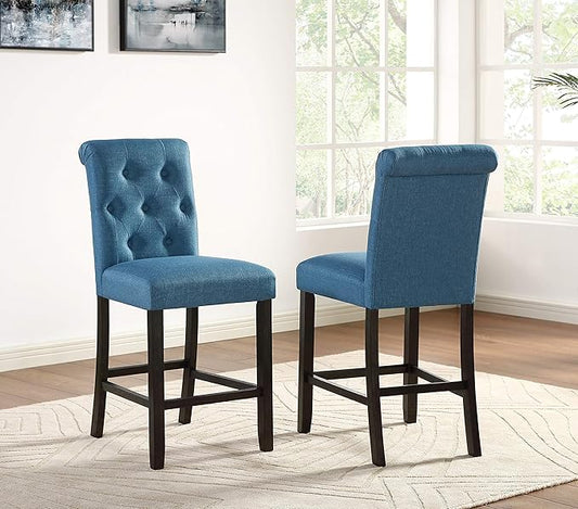 Roundhill Furniture Hendley Solid Wood Tufted Counter Height Stools, Set of 2, Blue