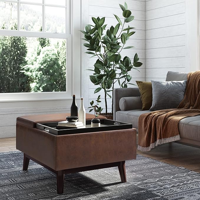 SIMPLIHOME Owen 34 inch Wide Mid Century Modern Rectangle Coffee Table Storage Ottoman Distressed Chestnut Brown/Flip Over Tray top