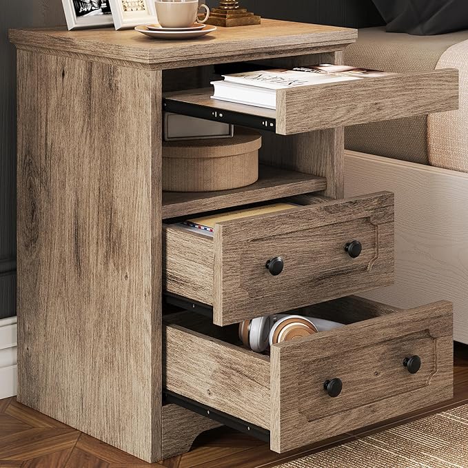 LIKIMIO Night Stand, Modern Bedside Table with 2 Drawers, Open Shelf, End Table with Pull-Out Tray, Wood SideTable, Grey Oak