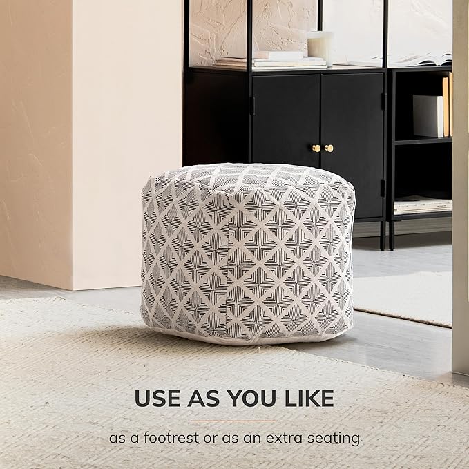 Anji Mountain 100% Handmade & Handcrafted Comfortable Home Décor Pouf Ottoman Footrest for Living Room, Bedroom, Nursery, Kidsroom, Patio Furniture - (20" x 20" x 20"- Black,Ivory)
