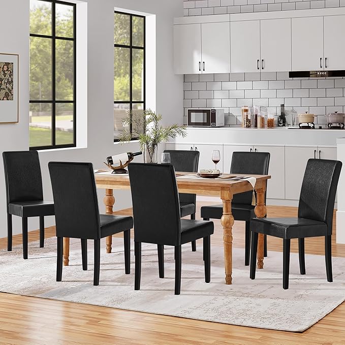 Yaheetech Dining Chairs Set of 6 Faux Leather Modern Dining Room Chairs with Rubberwood Legs and Padded Seat for Kitchen/Living Room/Restaurant, Black