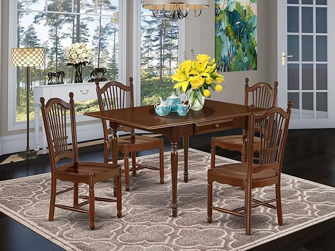 East West Furniture MZDO5-MAH-W 5 Piece Dining Room Table Set Includes a Rectangle Kitchen Table with Dropleaf and 4 Dining Chairs, 36x54 Inch, Mahogany