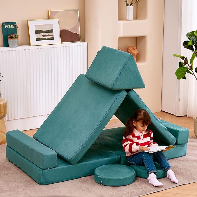 jela Kids Play Couch Extended Size 10PCS with futons, Floor Sofa Modular Play Couch Furniture for Kids and Adults, Modular Play Sofa Castle (Light Blue)