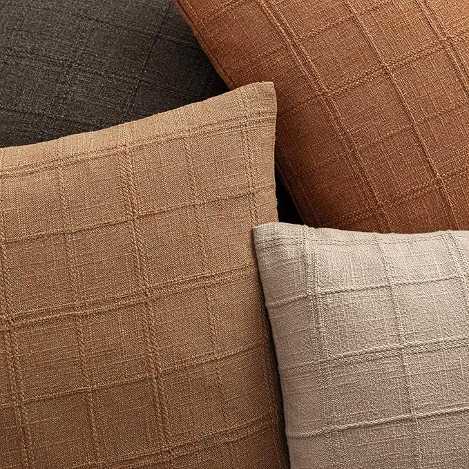 Foindtower Set of 2 Decorative Linen Check Throw Pillow Covers Neutral Farmhouse Vintage Cushion Covers Modern Boho Home Decor for Sofa Chair Couch Bedroom Living Room Outdoor,24×24 Inch,Brick