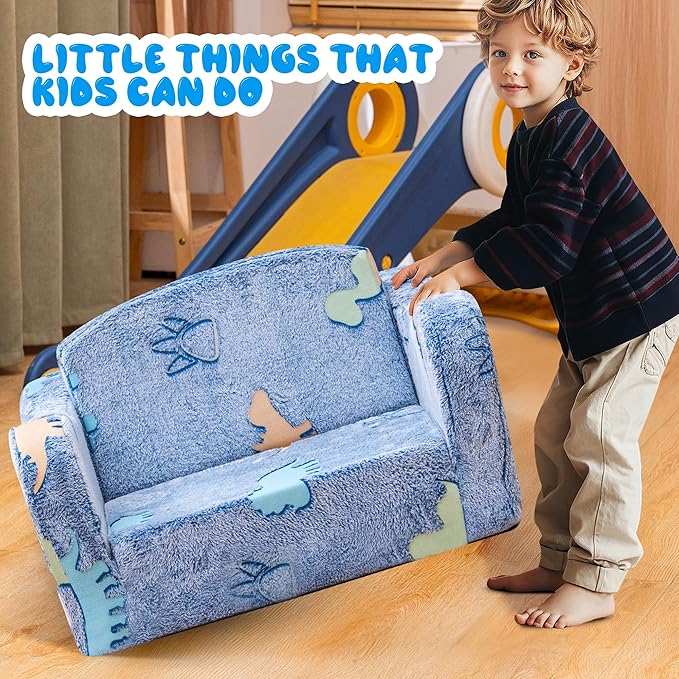 Lamerge 2-in-1 Toddler Couch,Glow in The Dark Baby Floor Bed,Foldable Toddler Chair Kids Sofa for playroom,Convertible Sofa to Lounger for Girls and Boys (Blue and Dinosaur)