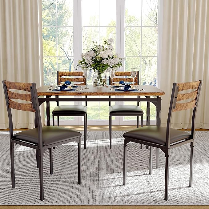 GarveeHome 5 Piece Dining Table Set, Industrial Style Dining Table and Chairs Set for 4, Kitchen Table Set for Dining Room Kitchen Apartment, Brown