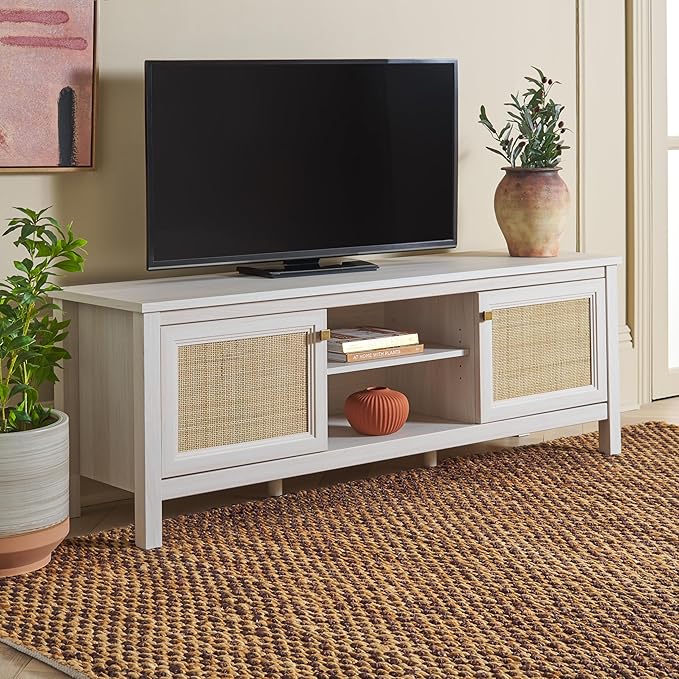SAFAVIEH Evane TV Stand for up to 65" Flatscreen – Bleached White & Natural, 2 Doors with Interior Storage, 2 Open Shelves, Entertainment Media Console (MED9629C)
