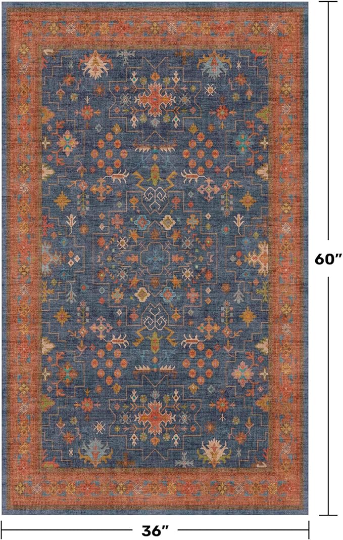 Large 3x5 Kitchen Rug Non Slip Machine Washable, Throw Rugs for Entryway Indoor, Floor Mat, Home Office Under Chair - Stain Resistant Non Skid Rubber Backing, Tribal Farmhouse Décor (3x5 Navy Blue)