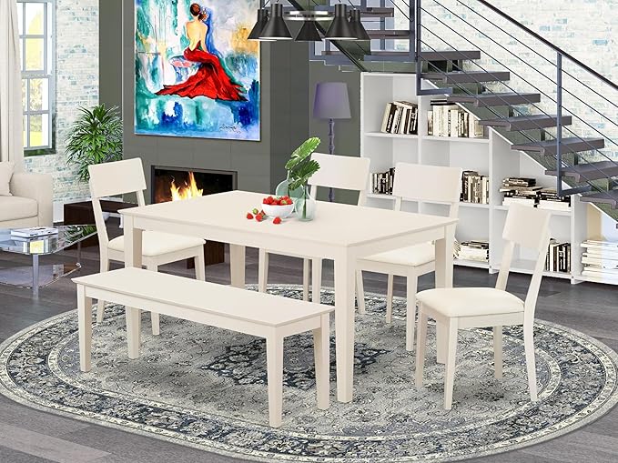 East West Furniture CAAD6-LWH-LC 6 Piece Dining Table Set Contains a Rectangle Dining Room Table and 4 Faux Leather Upholstered Chairs with a Bench, 36x60 Inch, Linen White