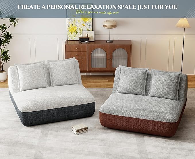 Hobestluk Small Sofa Couch Lounge Sofa Chair for Living Room, Comfy Memory Foam Couch, Mini Sofa with Side Pocket for Living Room, Bedroom (Grey+Beige)