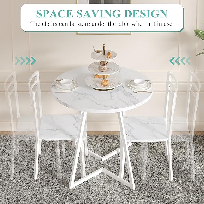 VECELO Small Round Dining Table Set for 2, Wood Tabletop with Strong Metal Frame, Modern Dinette with Chairs for Kitchen, Breakfast Nook Living Room, Faux Marbled & White