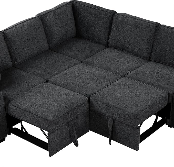 126" Extra Large Pull-Out Sofa Bed with Drop-Down Cup Holder Tables,L-Shaped Sectional Couch W/Charging Device,Convenient Sleeper Furniture Set for LivingRoom Apartment,Beige Chenille