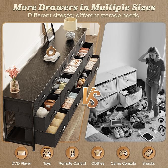 Huuger 70 Inch Black Dresser for Bedroom, TV Stand for 65, 75, 80 Inch TV, 13 Fabric Drawer Long Dresser, Wide Chest of Drawer, Storage Units for Bedroom