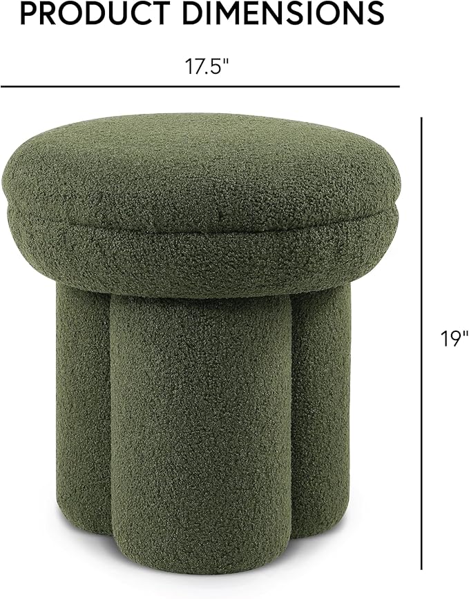 Furniture of America Rami Modern 18-inch Mushroom-Shape Upholstered Ottoman with Tri-Pillar Pedestal, Vanity Stool Chair, Small Foot Stool for Bedroom, Living Room, Entryway, Green