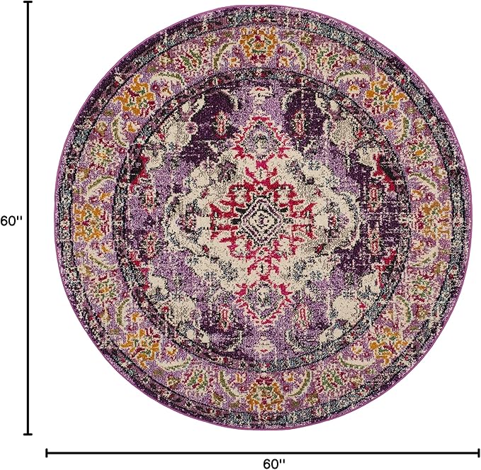 SAFAVIEH Monaco Collection Area Rug - 5' Round, Violet & Fuchsia, Boho Chic Medallion Distressed Design, Non-Shedding & Easy Care, Ideal for High Traffic Areas in Living Room, Bedroom (MNC243P)