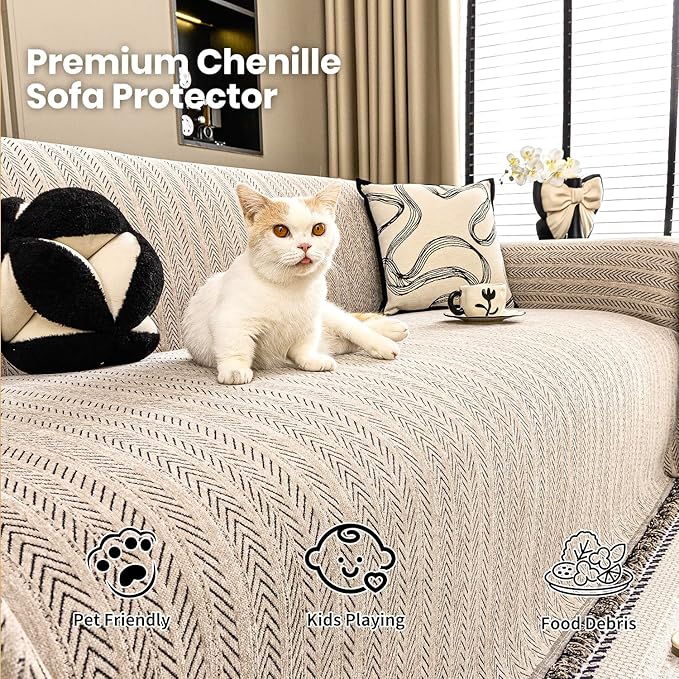 Nobildonna Sofa Cover Washable Soft Thicken Chenille Couch Cover with Tassel,Waterproof Sofa Slipcover for 3-4 Cushion Couch,Sectional Sofa,L-Shaped Furniture Protector Pet-Friendly,Brown 71"x134"