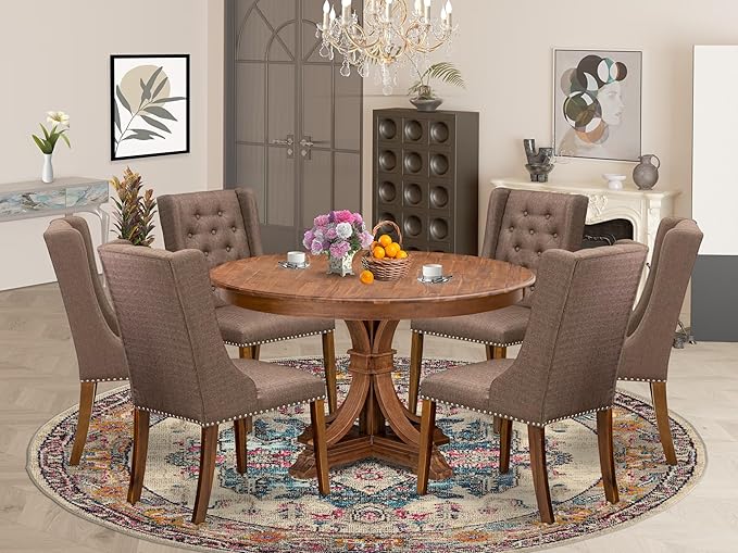 F7FO7-50N-18 - 7-Piece Dining Room Set Contains A Kitchen Table and 6 Brown Polyester Fabric Parsons Chairs with Button Tufted Back, Antique Walnut