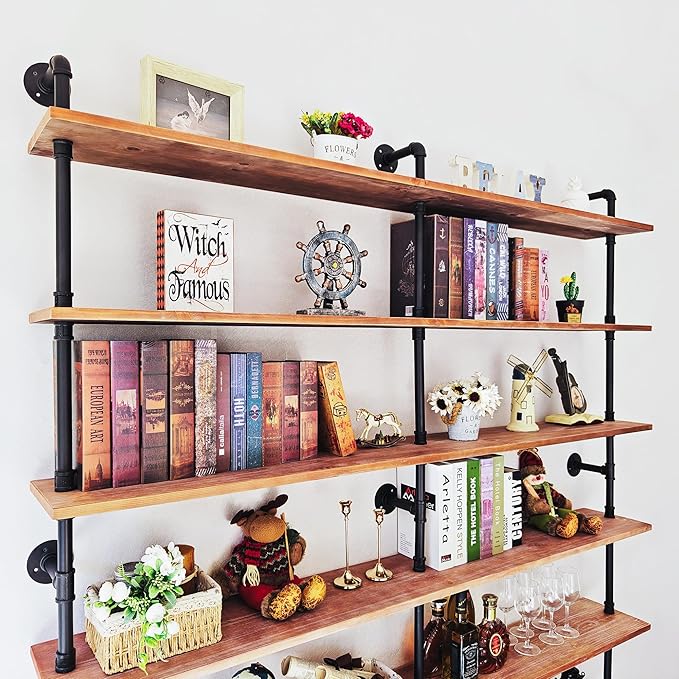 Industrial Ladder Shelf Bookcase, Wall Mounted Rustic Bookshelf, Retro Wood Metal Pipe Industrial Shelves for Living Room(Weathered Brown, 6 Tier - 10" D x 70" W x 82.5" H)