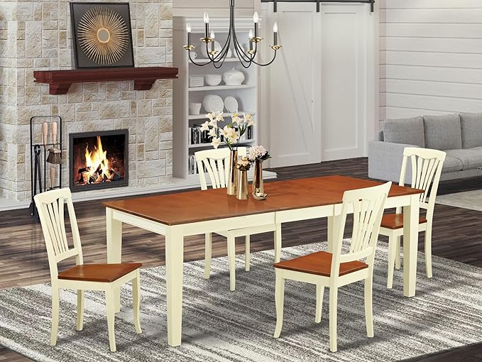 East West Furniture QUAV5-WHI-W 5 Piece Dining Room Table Set Includes a Rectangle Kitchen Table with Butterfly Leaf and 4 Dining Chairs, 40x78 Inch, Buttermilk & Cherry
