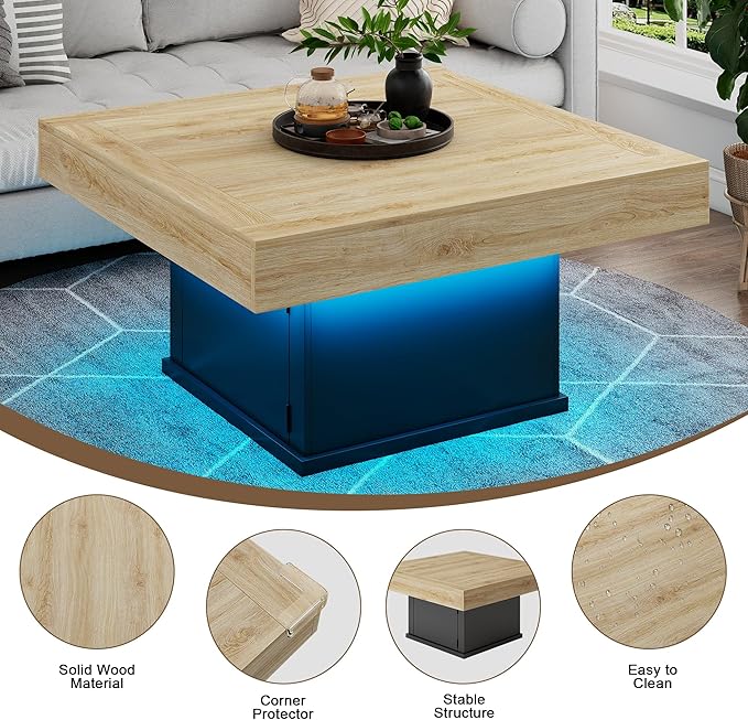 LED Coffee Tables for Living Room, Farmhouse Wood Coffee Table, 33.5" Square Coffee Table with Storage, Large Vintage Brown Center Table, Living Room Tables Cocktail Table (Natural)