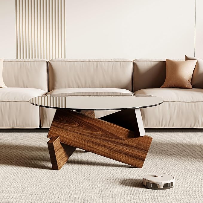 Honyee Morden Rounded Coffee Table, 30.7" x 30.7" x 16.1" Tempered Glass Top for Living Room, Color: Walnut