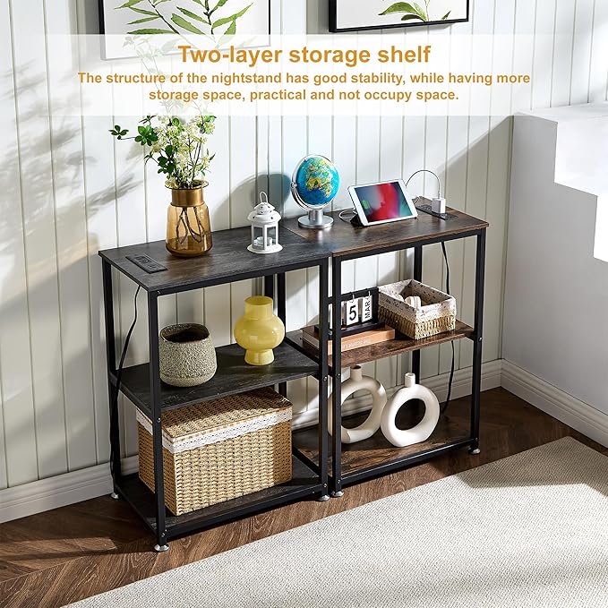VECELO Tall End Table with Charging Station, Side Table with USB Ports and Outlets, 30" Height Nightstand with 3-Tier Storage Shelf for Living Room Bedroom Office Hallway Study