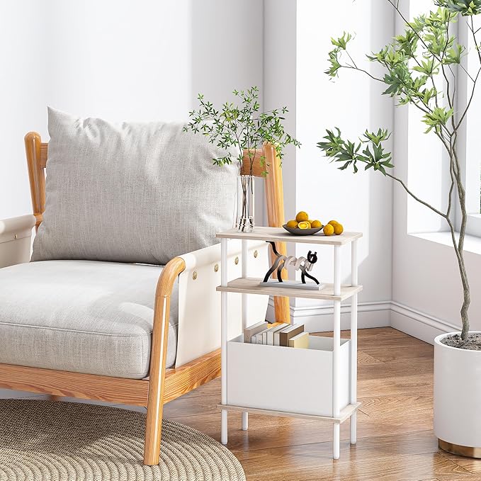 Narrow Side Table with Fabric Basket, Set of 2 End Table for Small Spaces, Slim Nightstand with 3-Tier Storage Shelf, Sofa Beside Table, for Living Room, Bed Room, Natrual Oak