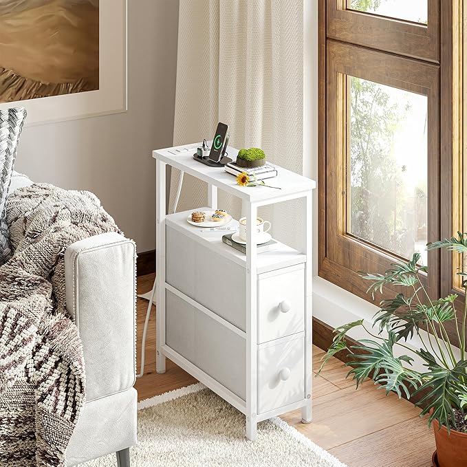 TIQLAB End Table with Charging Station, Narrow Side Table with 2 Fabric Drawers, Nightstand with LED Light, Slim Bedside Table for Bedroom, Living Room, Small Spaces, White