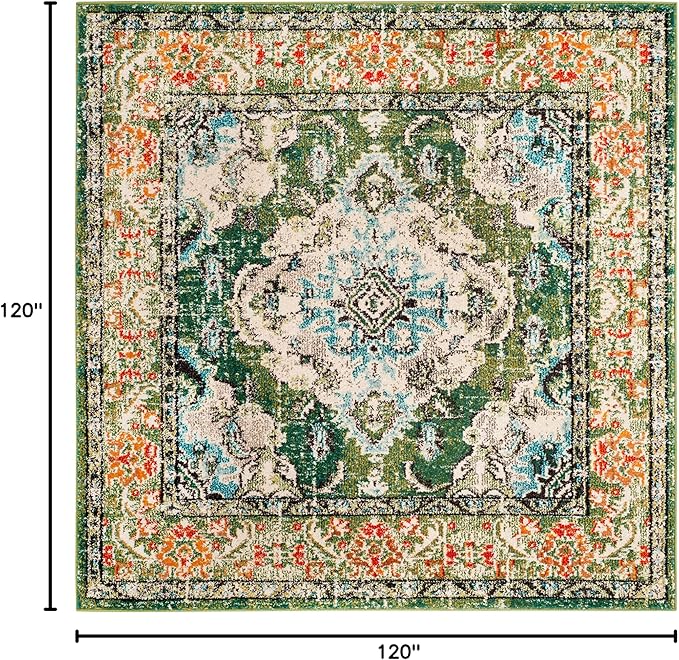 SAFAVIEH Monaco Collection Area Rug - 10' Square, Forest Green & Light Blue, Medallion Distressed Design, Non-Shedding & Easy Care, Ideal for High Traffic Areas in Living Room, Bedroom (MNC243F)