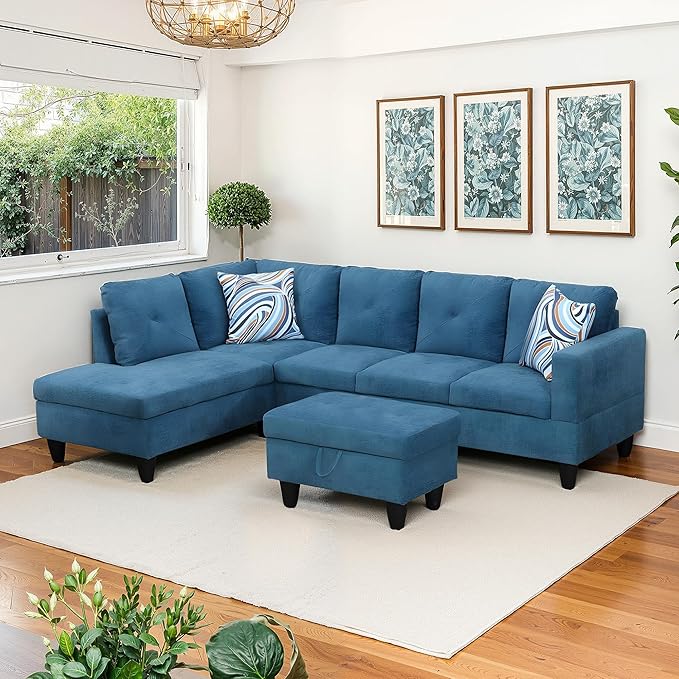 NicBex Sectional Couch 3 Pieces Sofa Set with Right Chaise Linen L Shaped Cloud Couch for Living Room Furniture Sets with Storage Ottoman, Modular Sofa for Living Room & Apartment, Blue
