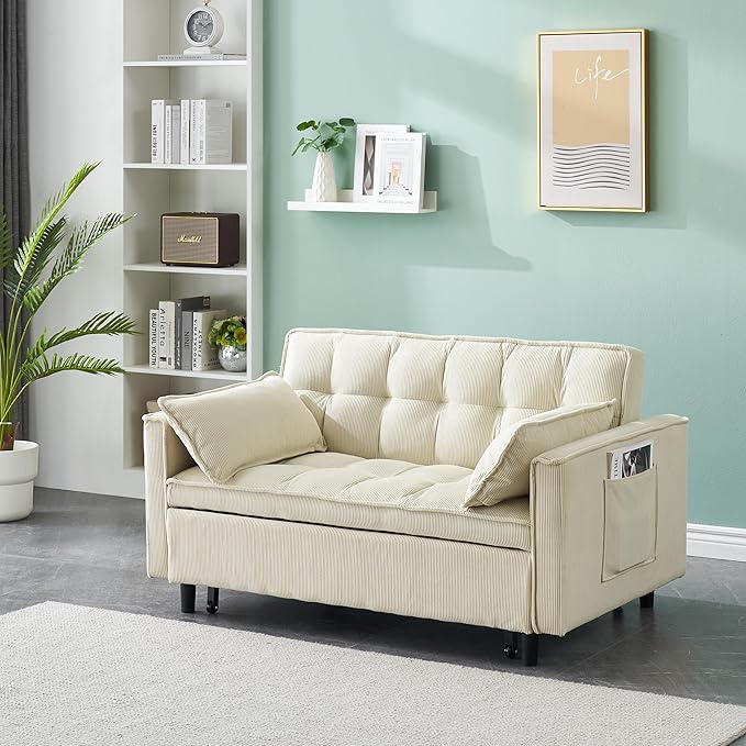 Ball & Cast Convertible Sofa Bed,Pull Out Loveseat Sleeper Sofa,Convertible Pull Out Couch W/ 2 Pillows,Adjustable Backrest & Side Pocket,Corduroy Futon Couches for Living Room,Apartment,Beige,54"