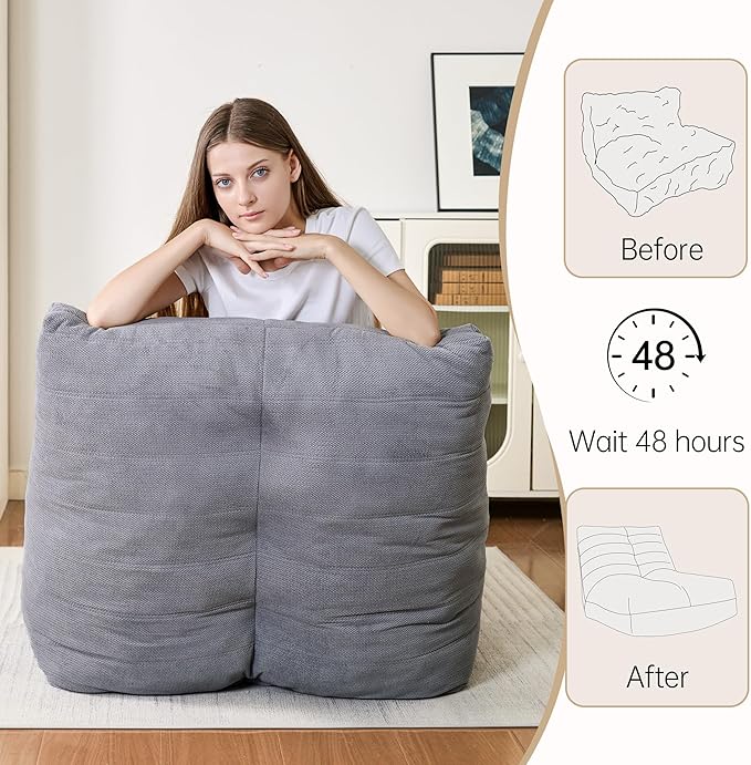Bean Bag Chairs for Adults, Memory Foam Bean Bag Chair, Spacious Single Sofa, Ergonomic Support Reading Floor Sofa Chair with Filler, Comfy Cozy Beanbag Couch for Bedroom Living Room (Grey)