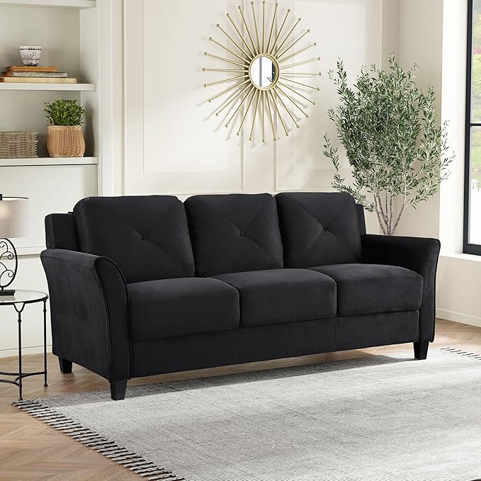 Lifestyle Solutions Harrington Sofa Upholstered Microfiber Fabric Curved Arms, Black
