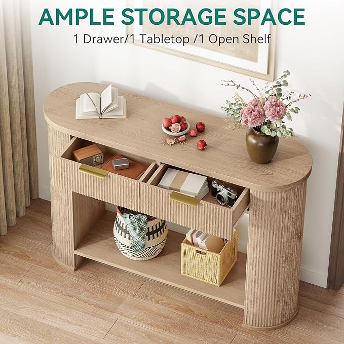 YITAHOME 47.2" Farmhouse Console Table for Entryway, Entry Hallway Foyer Table with 2 Drawers and Storage Shelf, Large Sofa Behind Couch Fluted Oval Desk for Hallway Living Room, Oak Color