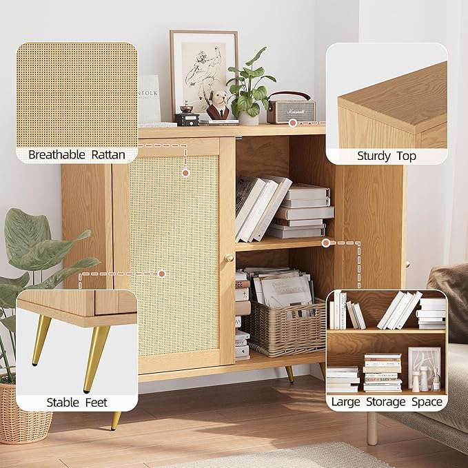Shintenchi Rattan Buffet Cabinet with Storage, Sideboard Buffet Cabinet with Rattan Decor Doors, Modern Wood Cupboard for Kitchen Living Room Dining Room Hallway Entry, Natural