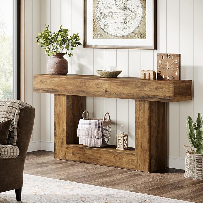 Tribesigns 63" Console Table, Farmhouse 2-Tier Entryway Table with U-Shaped Base, Narrow Long Wood Sofa Table Behind Couch Table for Living Room, Hallway, Foyer, Vintage Brown