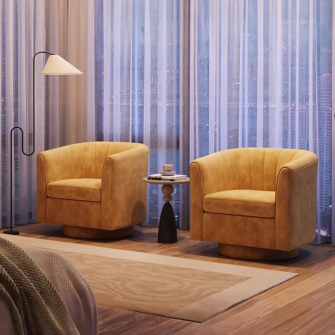 LINSY Swivel Accent Chair with Ottoman: Small Velvet Barrel Chair 360 Swivel Modern Armchair, Upholstered Reading Chair with Footrest for Living Room Bedroom Study Room (Yellow)