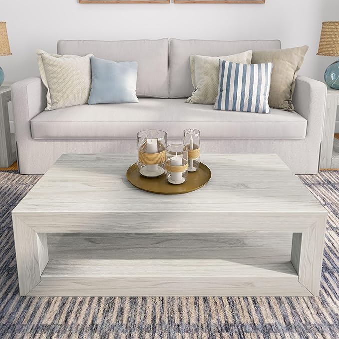 Plank+Beam 40" Modern Rectangular Coffee Table with Shelf, Solid Wood Center Table with Storage, 2 Tier Tea Table for Living Room, White Sand Wirebrush