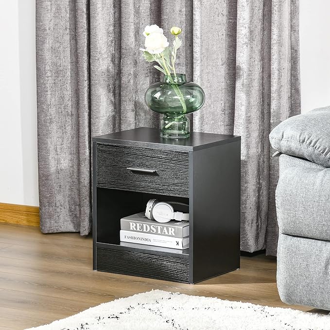 HOMCOM Modern Accent End Table with Drawer and Storage Shelf, Sofa Side Table for Living Room, Black Wood Grain