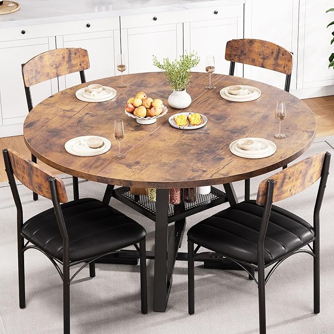 Round Dining Table Set for 4, Kitchen Table and Chairs for 4, Circle Table Round Pedestal Dining Room Dinner Dinette Table Set,5 Piece Space Saving Wood Kitchen & Dining Room Tables Set Furniture