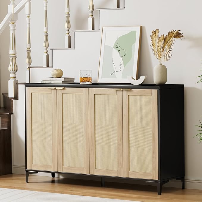 Sideboard - Buffet Cabinet with Storage, Rattan Cabinet with 4 Doors and Adjustable Shelves, Accent Cupboard with Metal Feet, Black Sideboard Console Table for Living Room, Entry, Dining Room