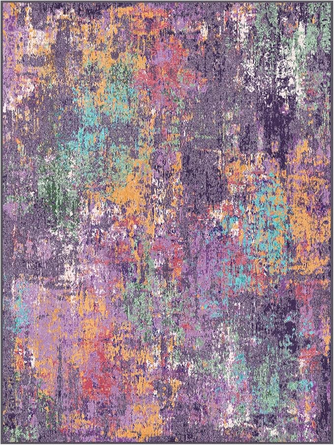 Washable Area Rugs 5'x7' Non-Slip Modern Abstract Soft for Living Room Entryway Bedroom Nursery, Print Pattern, Purple Orange Blue Green Rust Red Colorful