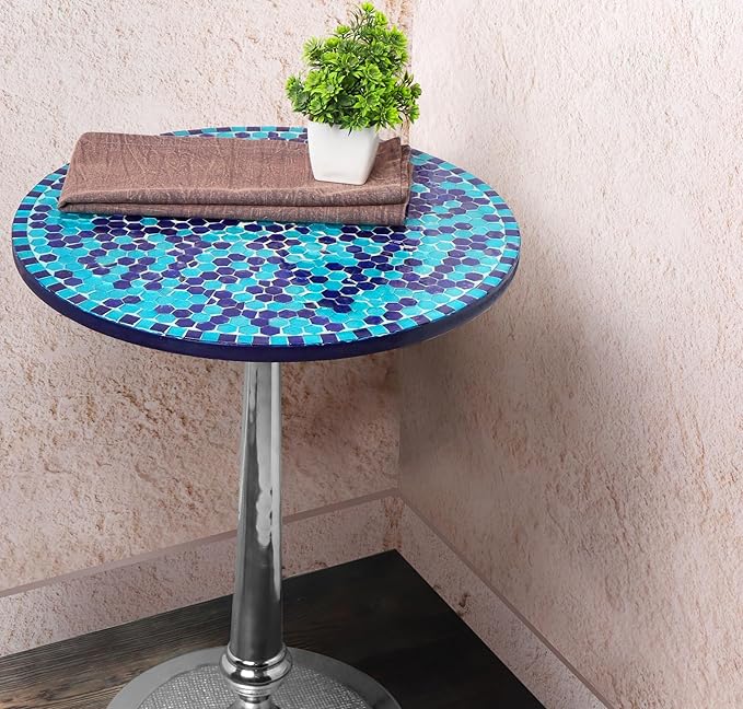 CLEENTABLE Mosaic Round End Table for Living Room & Bedroom - Artistic Coffee Side Table with Polished Aluminum Legs, Enamel-Coated Top, Lightweight Design, Easy Assembly (Blue Silver)