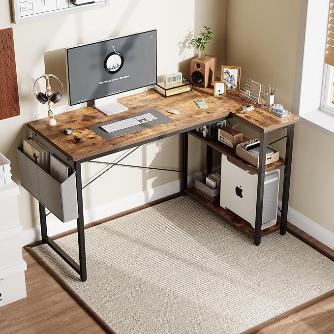 L Shaped Computer Desk with Reversible Shelves, 47 Inch Small Corner Desk with Storage Bag, Gaming Desk Computer Table Study Writing Desk for Home Office Small Space, Rustic Brown