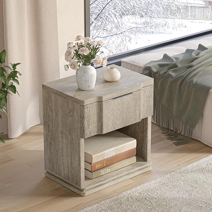 Night Stand with Charging Station, Wooden Mid Century Modern Nightstand with Drawer, Bed Side Table with Storage, Large Rustic Farmhouse End Tables for Bedroom Living Room Office