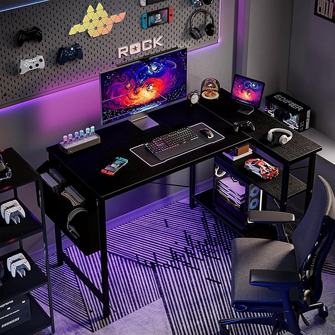 L Shaped Computer Desk with Reversible Shelves, 40 Inch Small Corner Desk with Storage Bag, Gaming Desk Computer Table Study Writing Table for Home Office Bedroom Small Space, Black