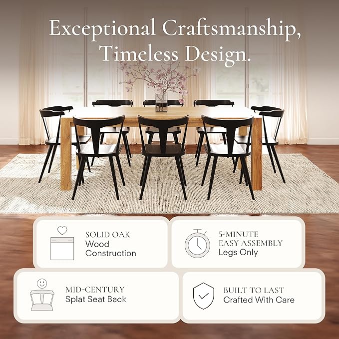 POLY & BARK Mid Century Modern Enzo Black Dining Chair – Solid Oak Wood Splat Back Chair, 18" Seat Height, 32" Tall – Stylish MCM Kitchen & Dining Room Chair - Set of 2