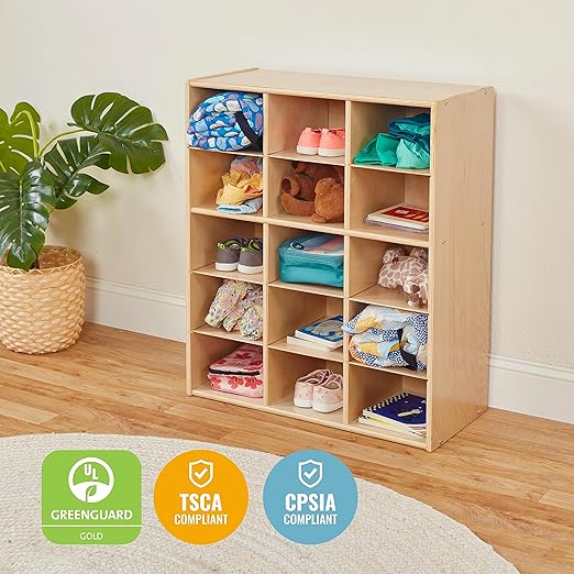 ECR4Kids Streamline 15 Cubby Tray Storage Cabinet, 5x3, Classroom Furniture, Natural