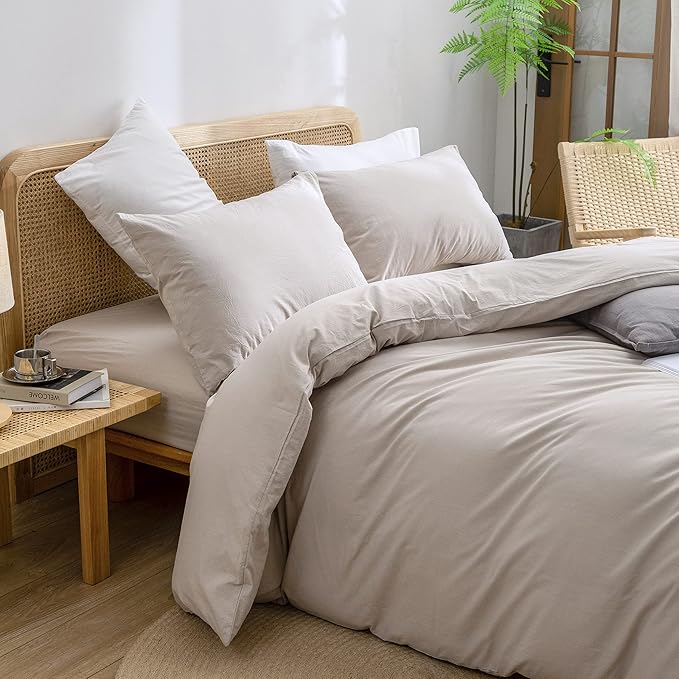 BESTOUCH Duvet Cover Set 100% Washed Cotton Linen Feel Super Soft Comfortable Chic Lightweight 3 PCs Home Bedding Set Solid Linen Grey Super Queen