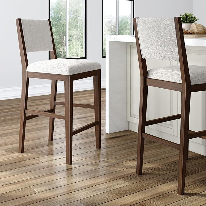 Plank+Beam Sereno Bar Stool, 30", Set of 2, Sturdy Wood Modern Kitchen Bar Height Stool, Upholstered Cushion Bar Chair with Back, Walnut/Ivory